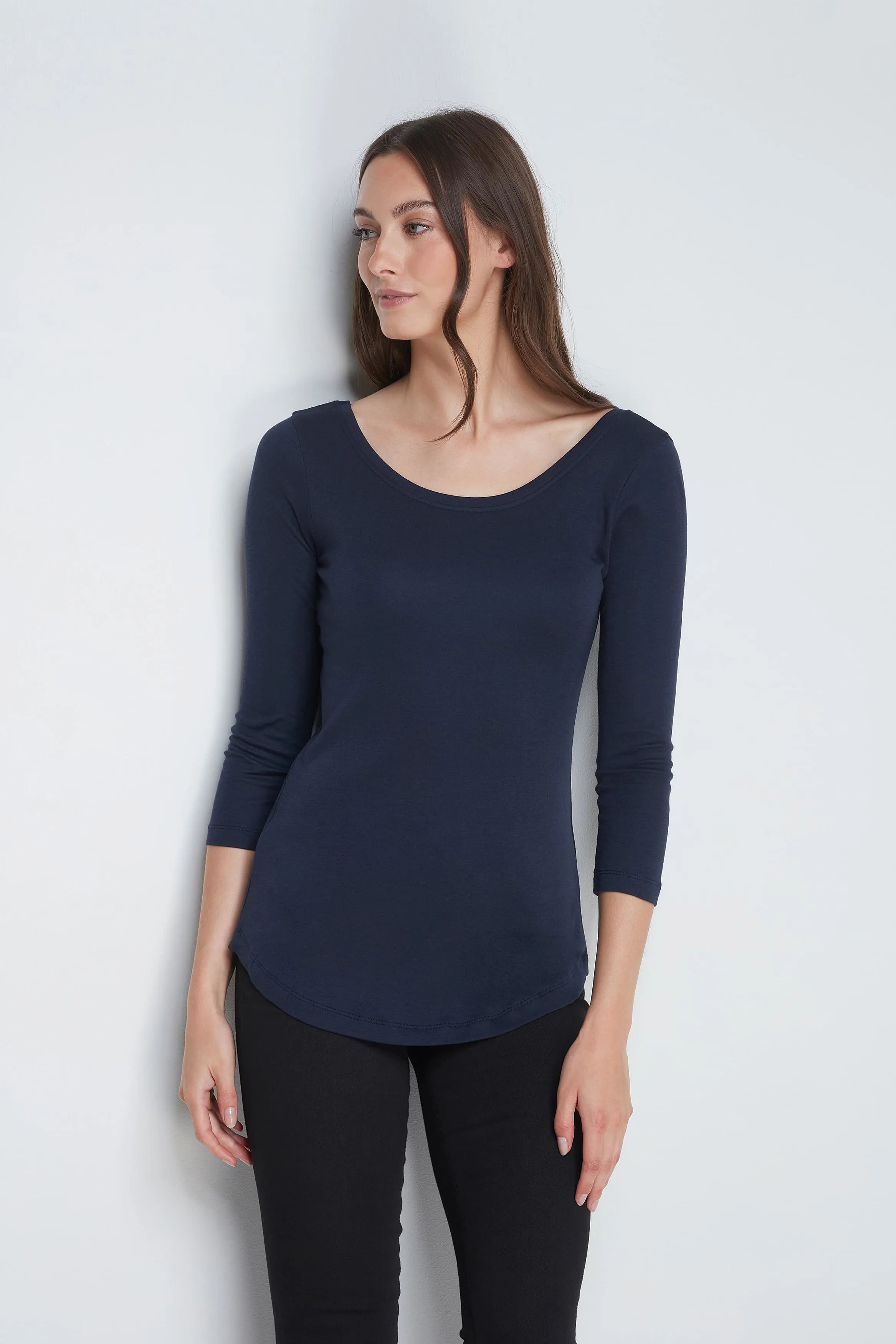 Women’s navy cotton modal 3/4 sleeve boat neck T-shirt by Lavender Hill Clothing