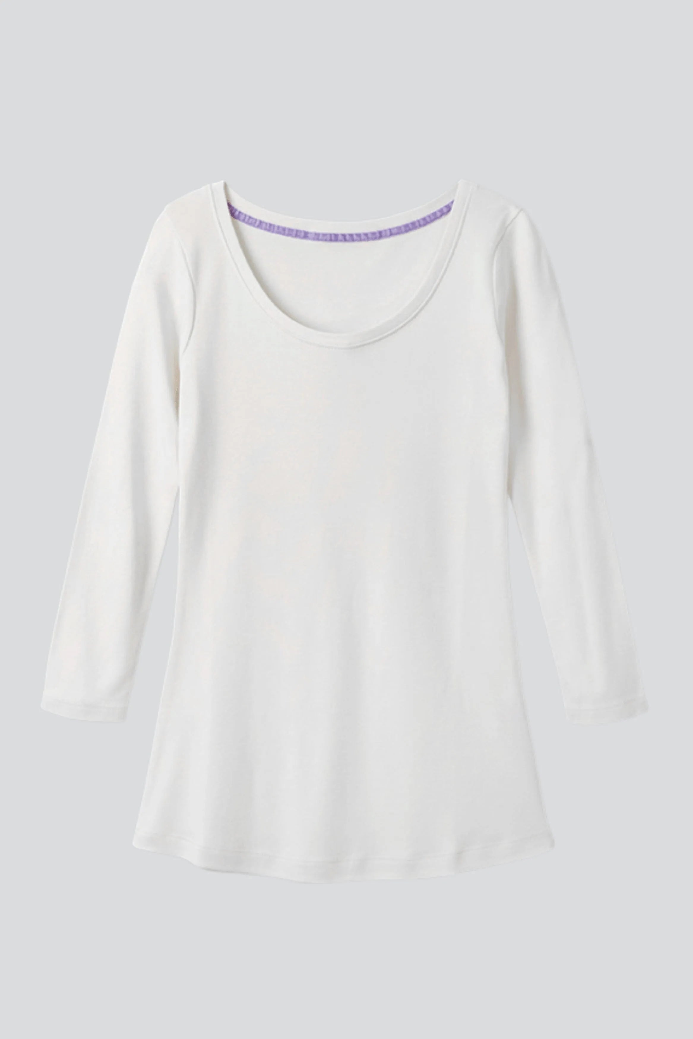 Women’s white cotton modal 3/4 sleeve scoop neck T-shirt by Lavender Hill Clothing