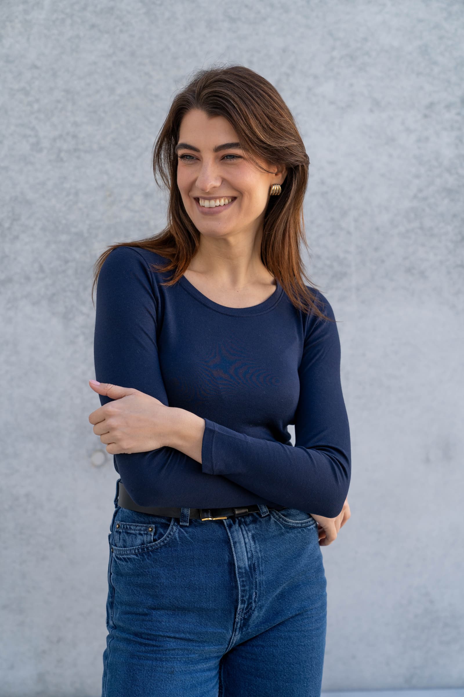 Women’s navy cotton modal long sleeve scoop neck T-shirt by Lavender Hill Clothing