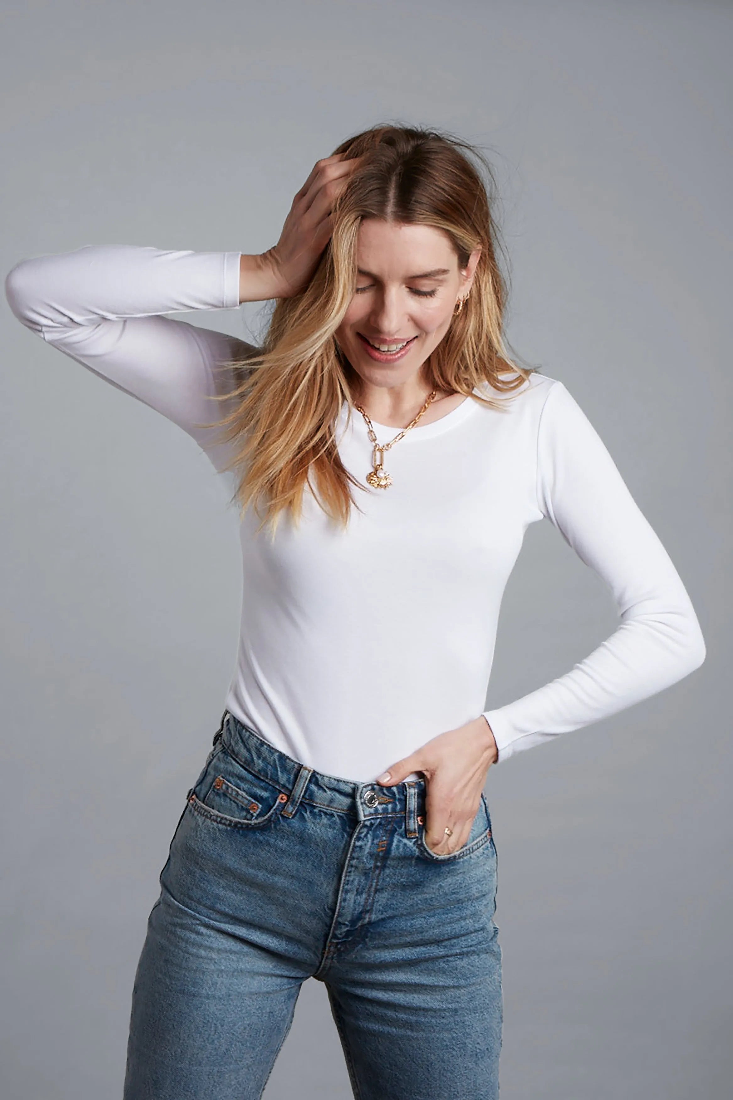 Women’s white cotton modal long sleeve crew neck T-shirt by Lavender Hill Clothing