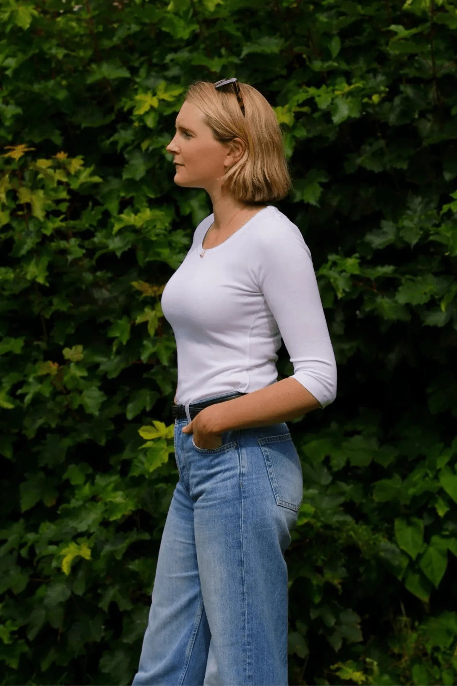 Women’s white cotton modal 3/4 sleeve scoop neck T-shirt by Lavender Hill Clothing