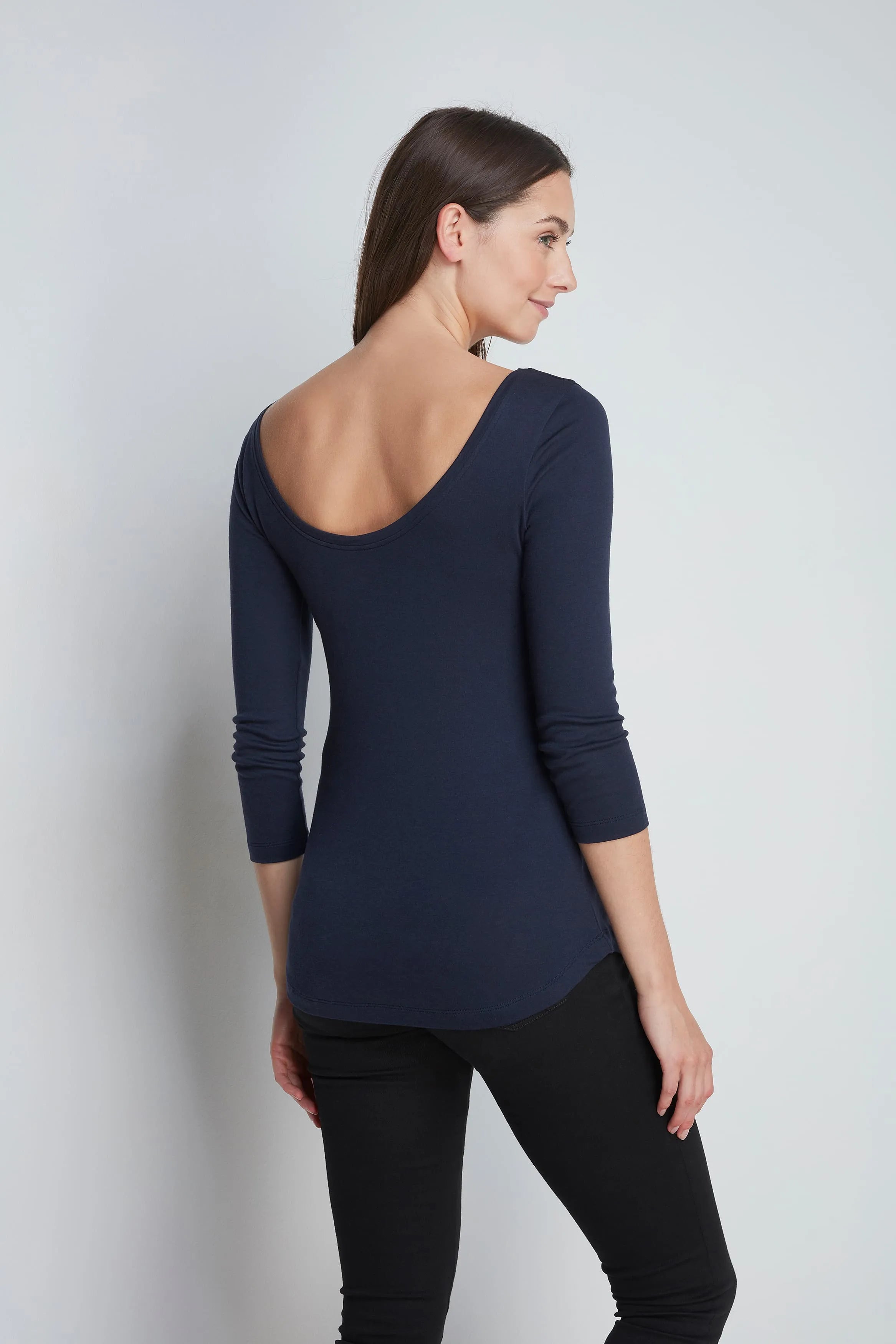 Women’s navy cotton modal 3/4 sleeve boat neck T-shirt by Lavender Hill Clothing