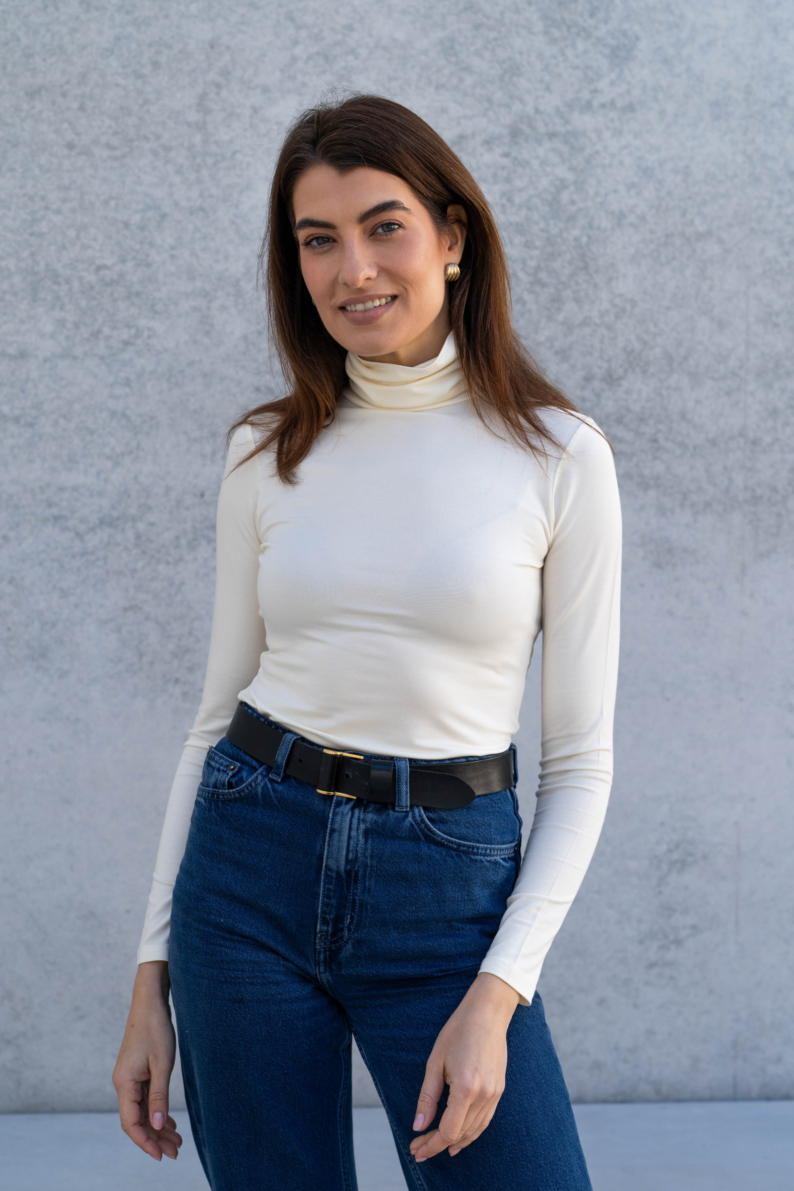 Women’s cream micro modal roll neck top by Lavender Hill Clothing