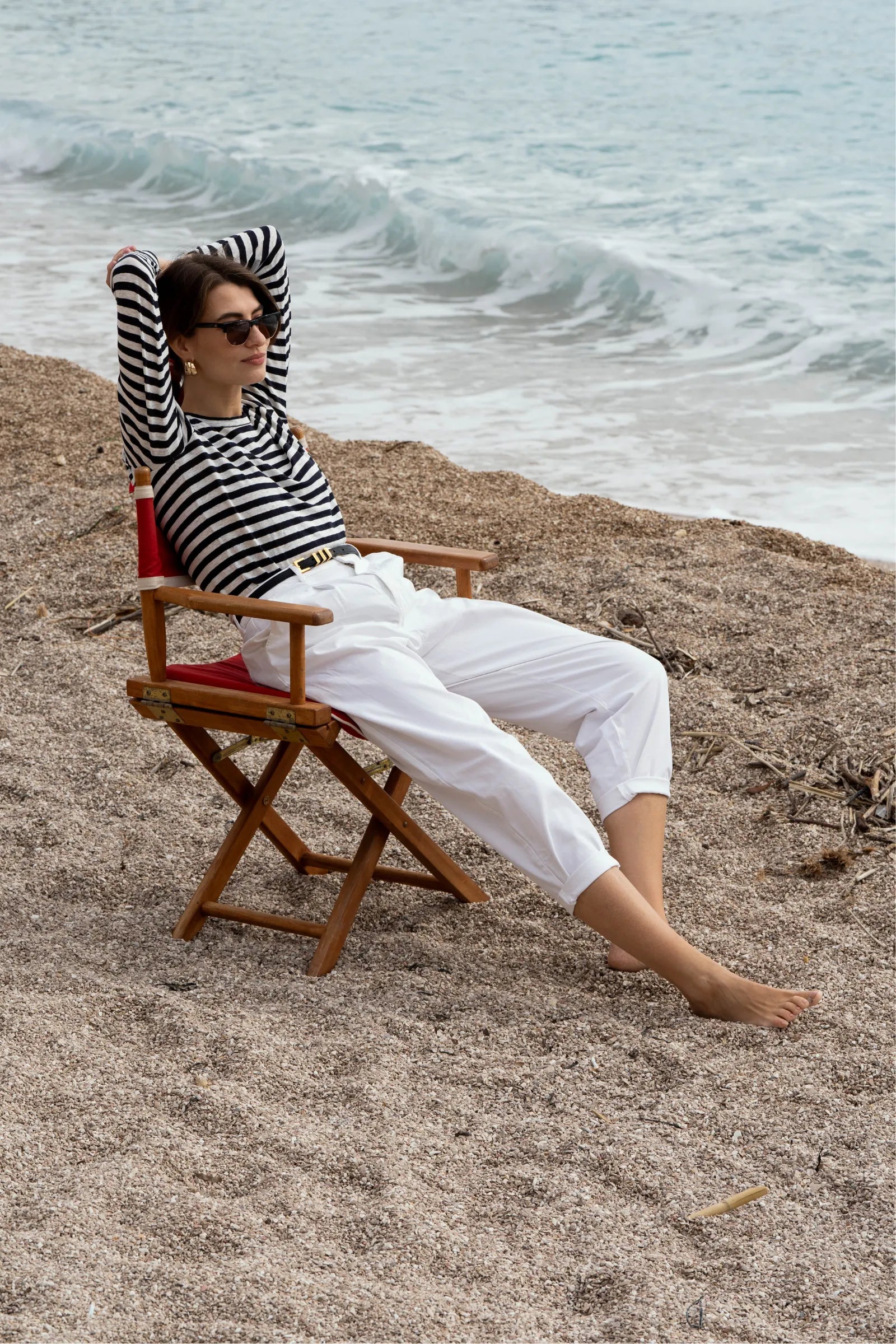 Womens navy white long sleeve striped linen t-shirt