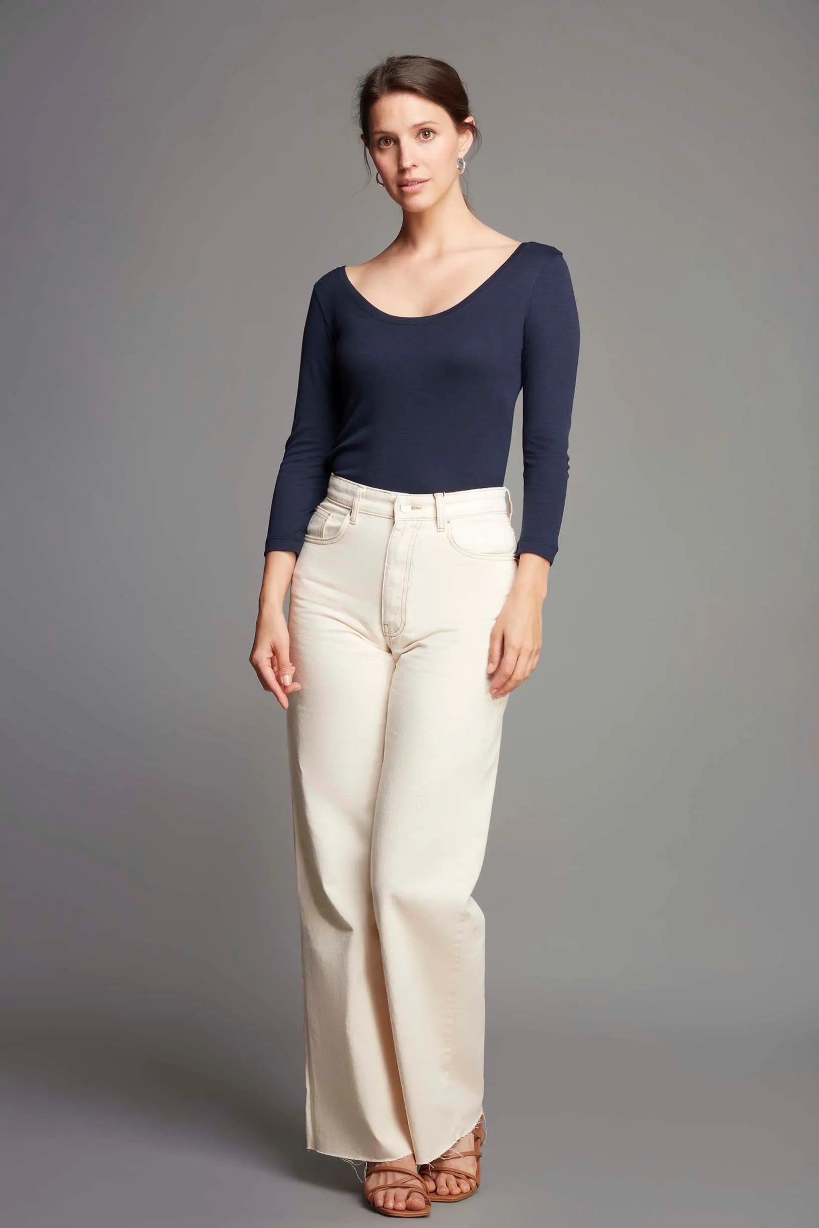 Women's Navy 3/4 Sleeve Boat Neck Cotton Modal T-Shirt by Lavender Hill Clothing