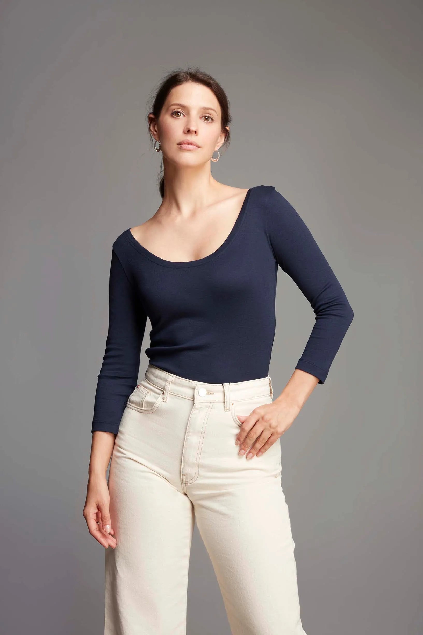 Women's Navy 3/4 Sleeve Boat Neck Cotton Modal Blend T-Shirt by Lavender Hill Clothing