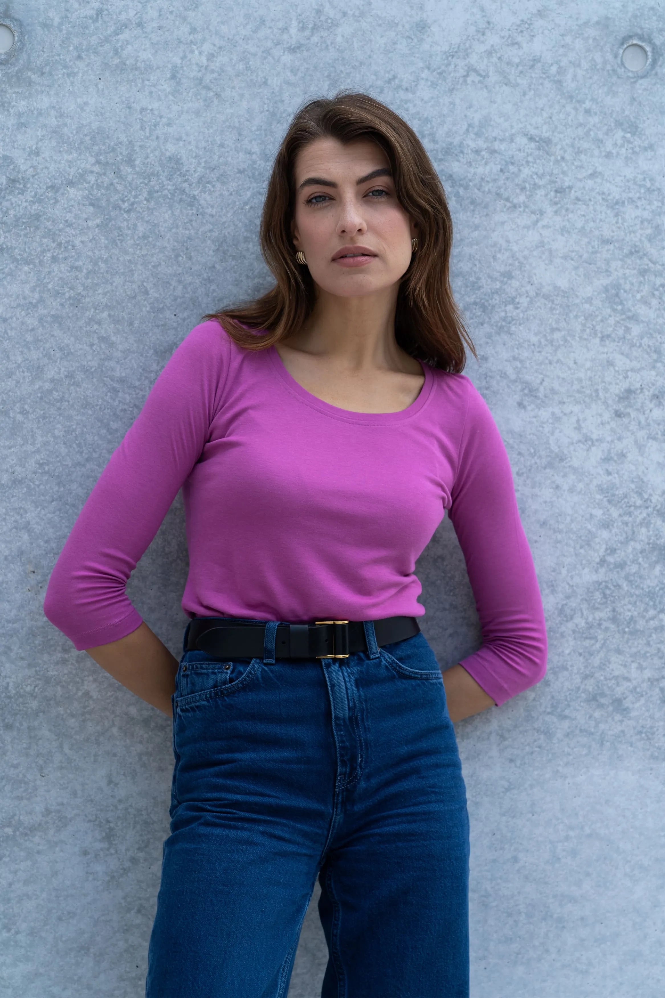 Women’s pink cotton modal 3/4 sleeve scoop neck T-shirt by Lavender Hill Clothing