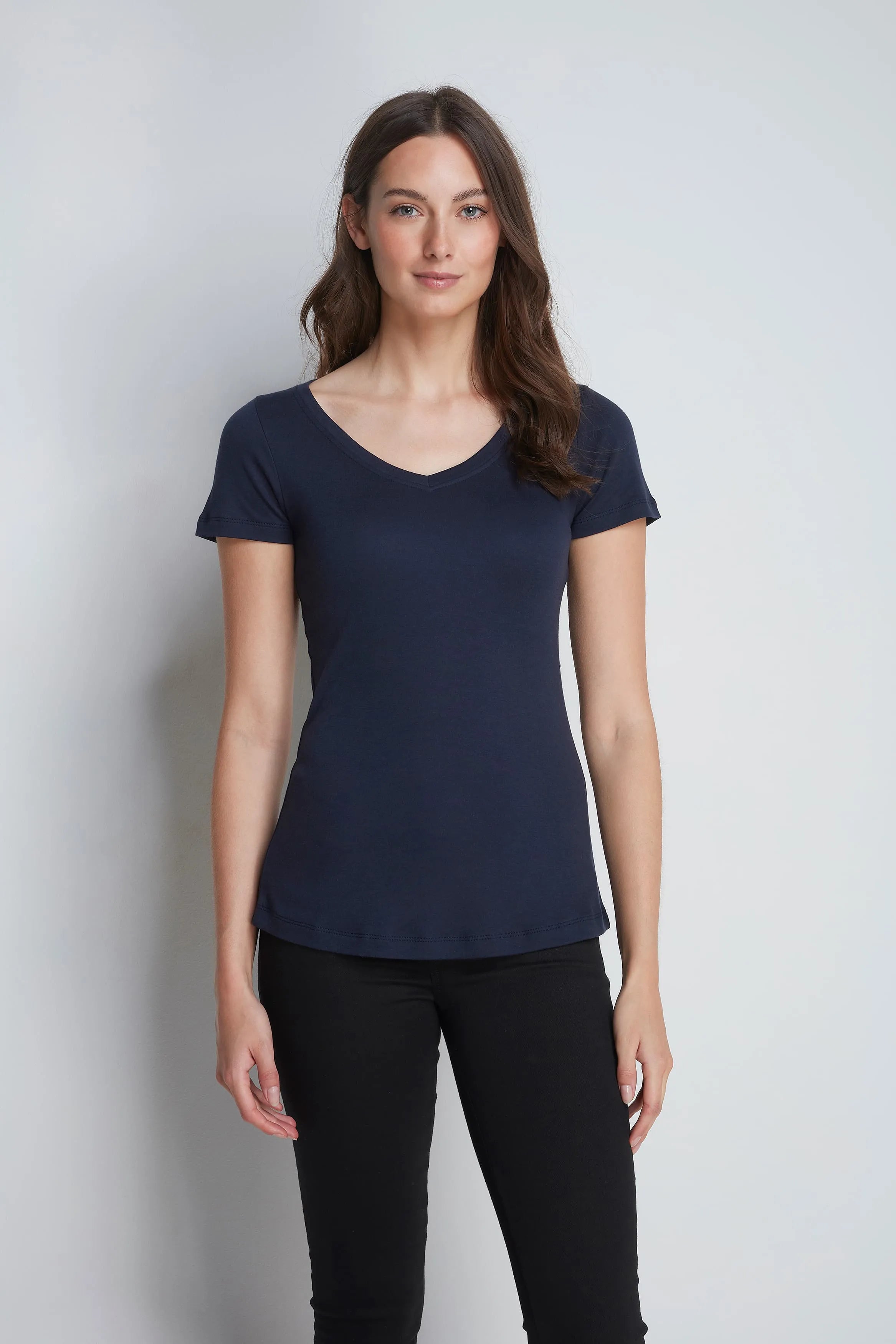 Women’s navy cotton modal V-neck T-shirt by Lavender Hill Clothing