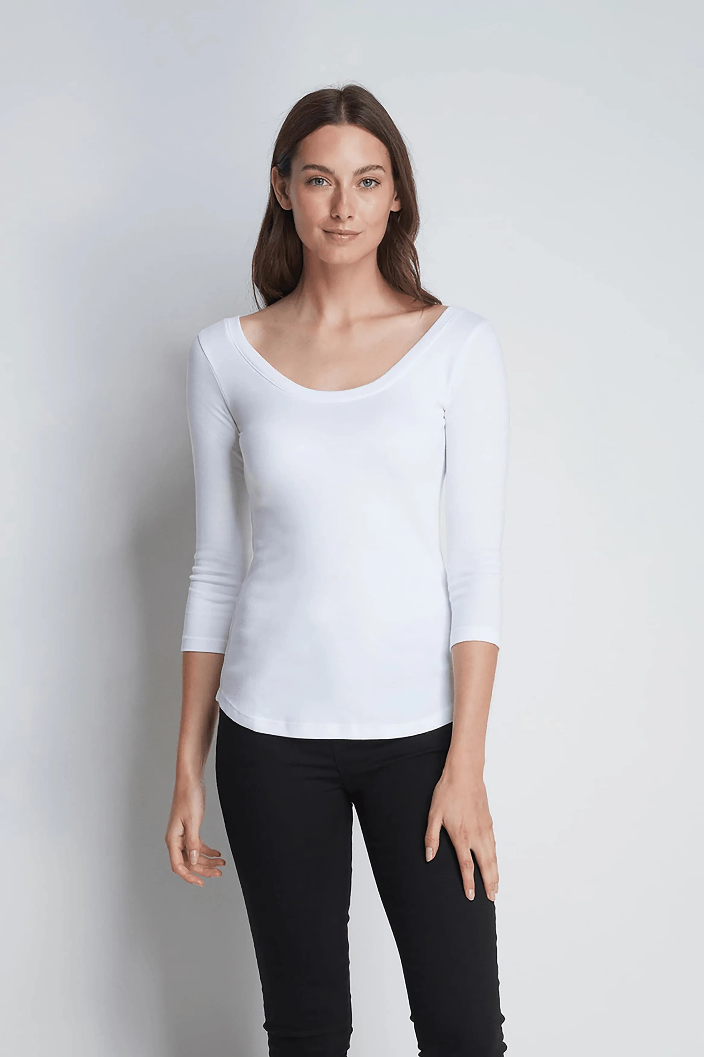 Women’s white cotton modal 3/4 sleeve boat neck T-shirt by Lavender Hill Clothing