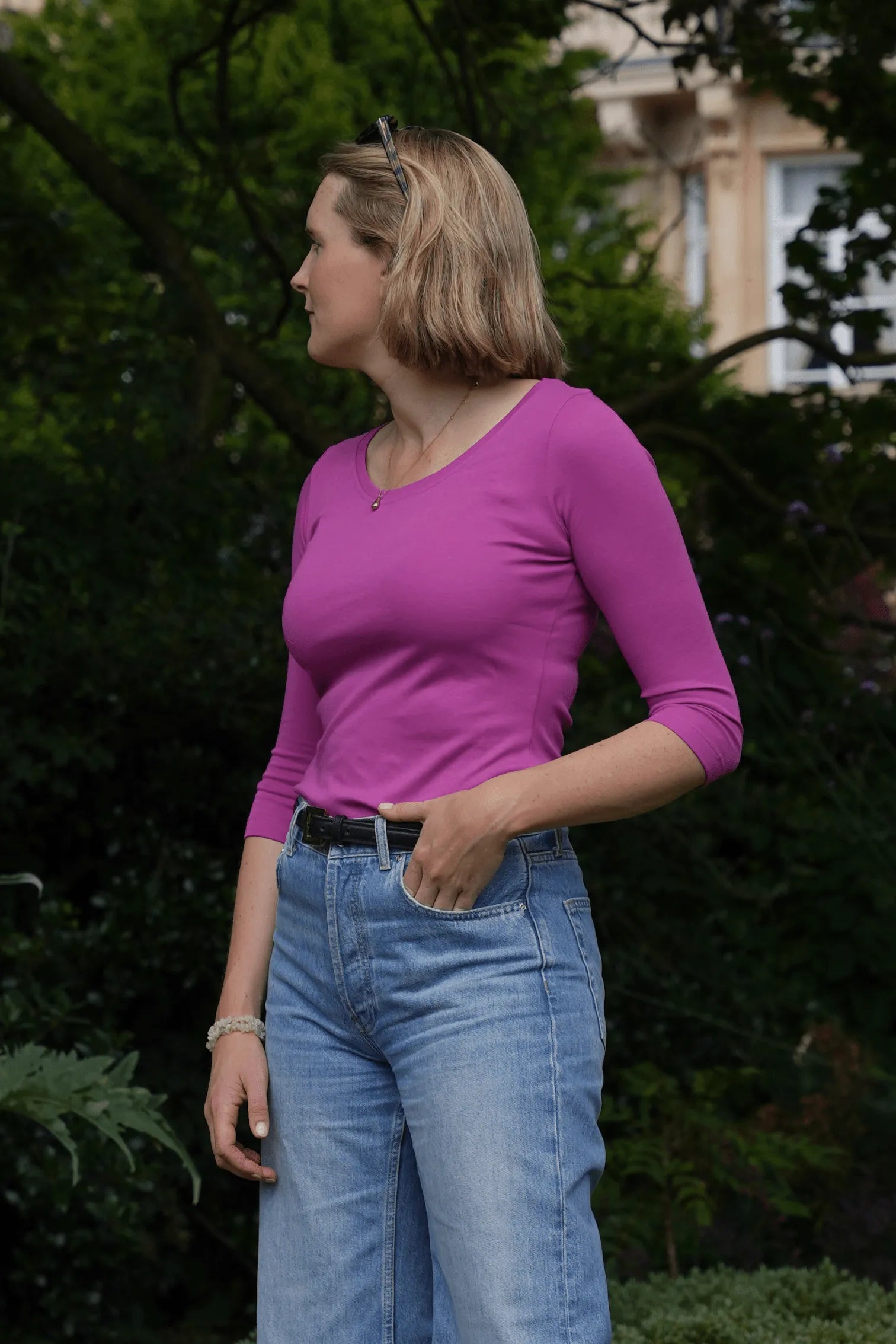 Women’s pink cotton modal 3/4 sleeve scoop neck T-shirt by Lavender Hill Clothing